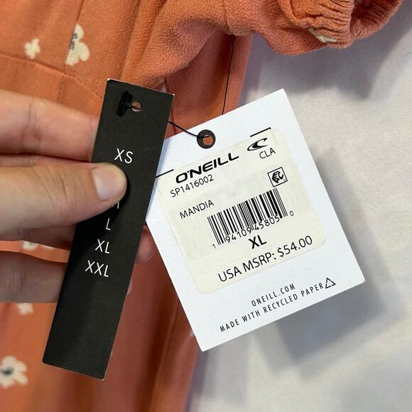 O'Neill Mandia Short Sleeve Floral Mini Dress NWT Women's Sz XL Peach Smocking - Picture 4 of 8